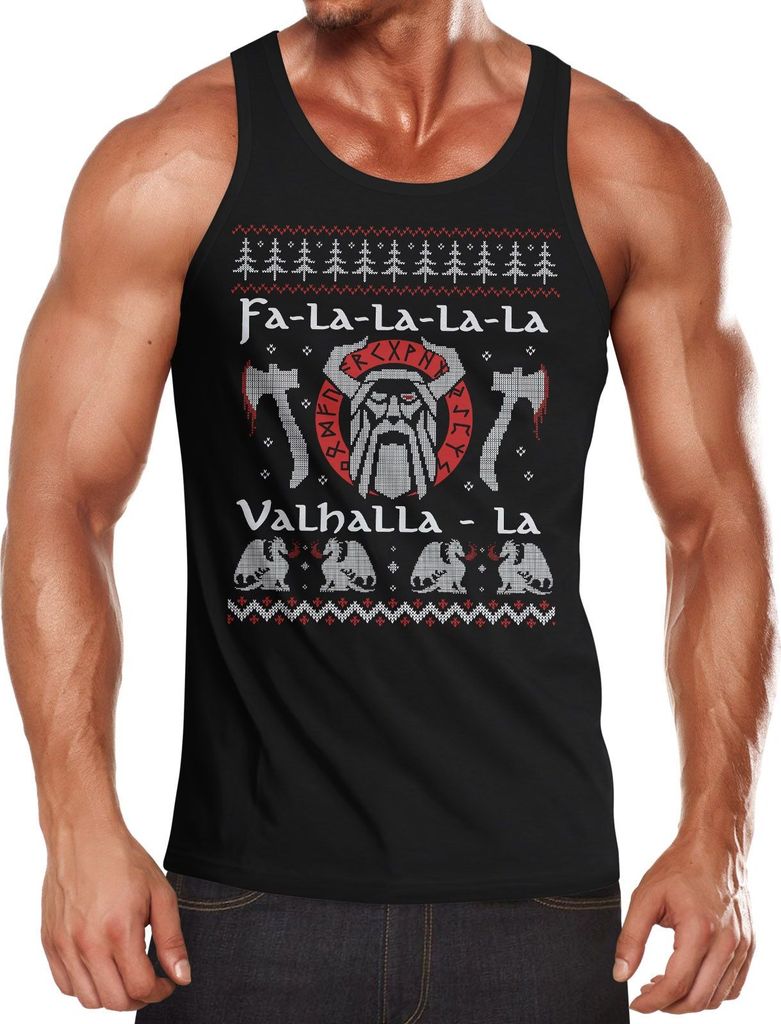 Herren Tanktop Ugly Christmas Odin Vikings Winkinger Valhalla Weihnachten Fun-Shirt Achselshirt Moonworks schwarz S