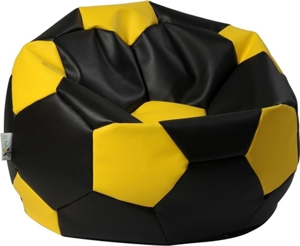 A black and yellow beanbag chair shaped like a soccer ball.