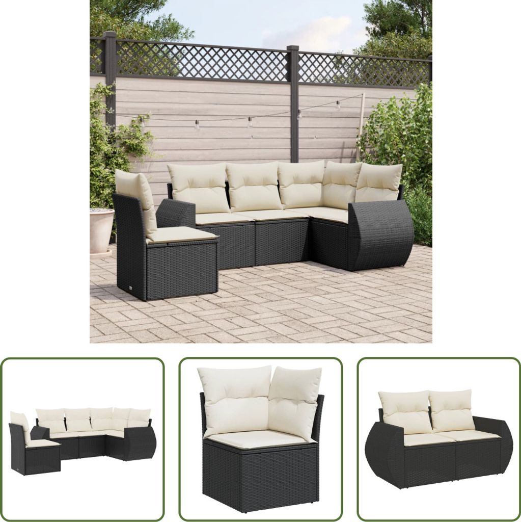 The Living Store 5-tlg. Garten-Sofagarnitur mit Kissen Schwarz Poly Rattan