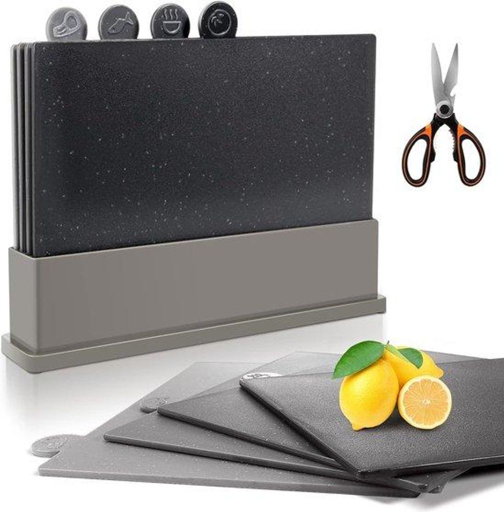 Kochplatten-Set - 4-teiliges Schneidbrett-Set BPA-frei Waschmaschinenfest Index-Schneidbretter für Fisch Fleisch Gemüse Obst + Schere