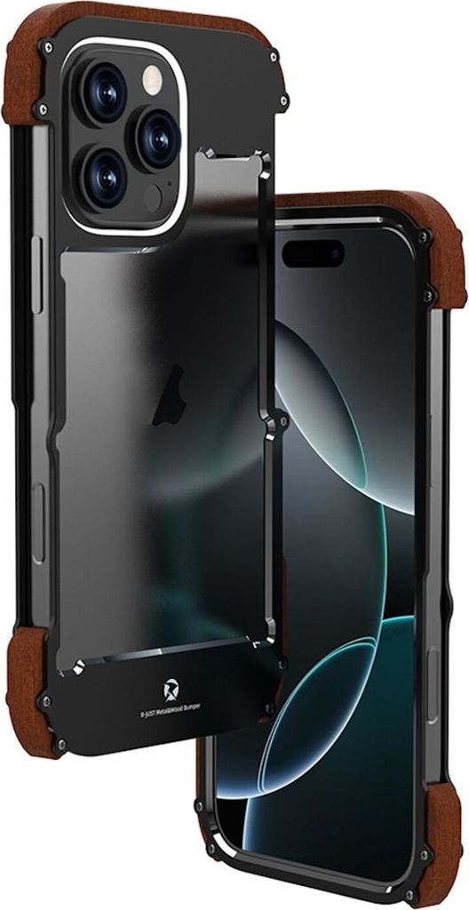 Für Apple iPhone 16 Pro Max R-JUST Ironwood Generation Metall Hybrid Holz Hülle