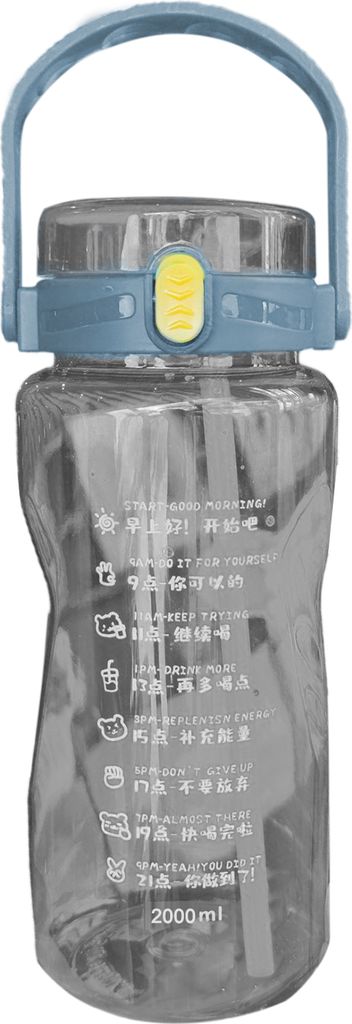 Outdoor Sportwasserflasche Plastik Fitness extra großer Kapazität Wasserkocher mit doppelten Strohhalm ZeitmarkerGray 2000ml