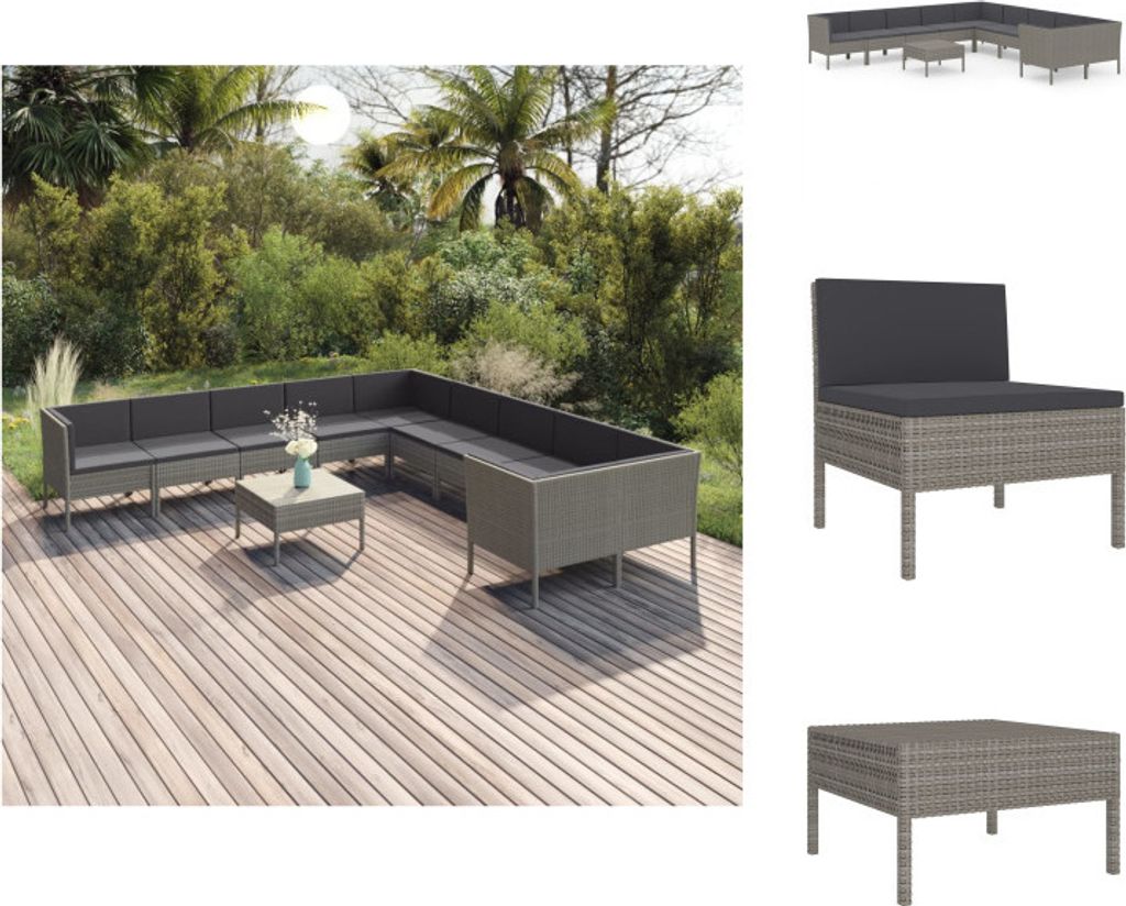 vidaXL 11-tlg. Garten-Lounge-Set mit Auflagen Poly Rattan Grau - Gartenmöbel-Sets