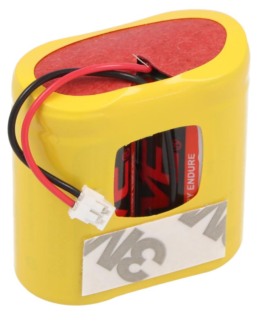 A close-up view of a battery pack with wires and a connector.
