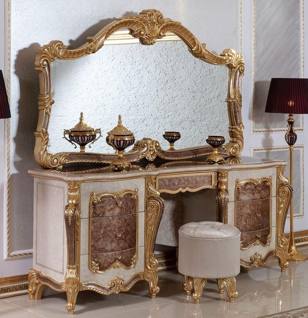 Casa Padrino Luxus Barock Schlafzimmer Set Weiß / Braun / Gold / Silber - 1 Barock Schminkkommode & 1 Barock Spiegel & 1 Barock Hocker - Barock Sc...