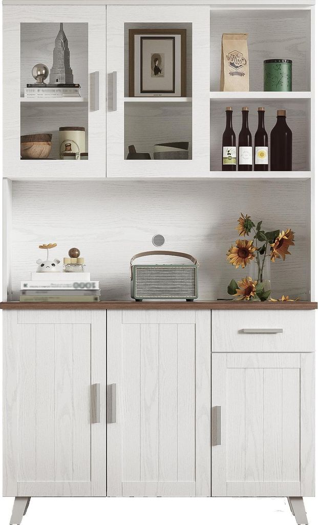 Highboard Sideboard mit 5 Türen & Glas-Vitrine Landhaus-Optik 114x40x190 cm Weiß-Braun Holz-Nachbildung Kommode Buffetschrank Küchenschrank