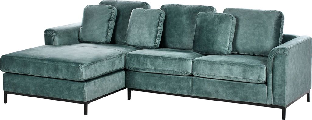 BELIANI 4-Sitzer Ecksofa Rechts Blaugrün Samt mit Kissen Schwarze Metallbeine Edelstahlfüße L-Förmig Modern für Wohnzimmer