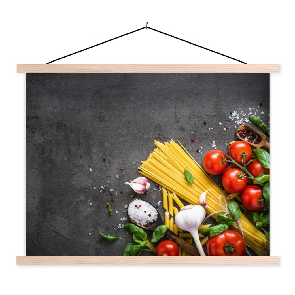 MuchoWow Textilposter Nudeln - Kräuter - Tomate - Gewürze - Rustikal 40x30 cm mit holzfarbenen Rahmen - Bilder