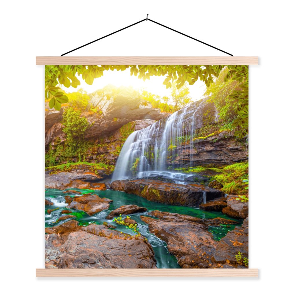 MuchoWow Textilposter Natur - Wasserfall - Pflanzen - Bäume - Sonne 40x40 cm mit holzfarbenen Rahmen - Posterleiste