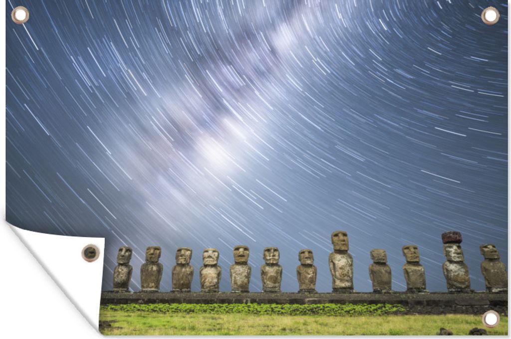 MuchoWow 90x60 cm Outdoor-Poster Gartendeko Sichtschutz Garten Poster für den Garten Reihe von Moai-Statuen stehen unter allen Lichtstrahlen au...
