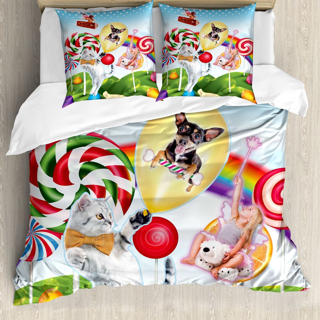 ABAKUHAUS Tier Bettbezug, Regenbogen-Süßigkeiten Tiere, Milbensicher Allergiker geeignet mit Kissenbezügen, 155 cm x 220 cm - 80 x 80 cm, Mehrfa...
