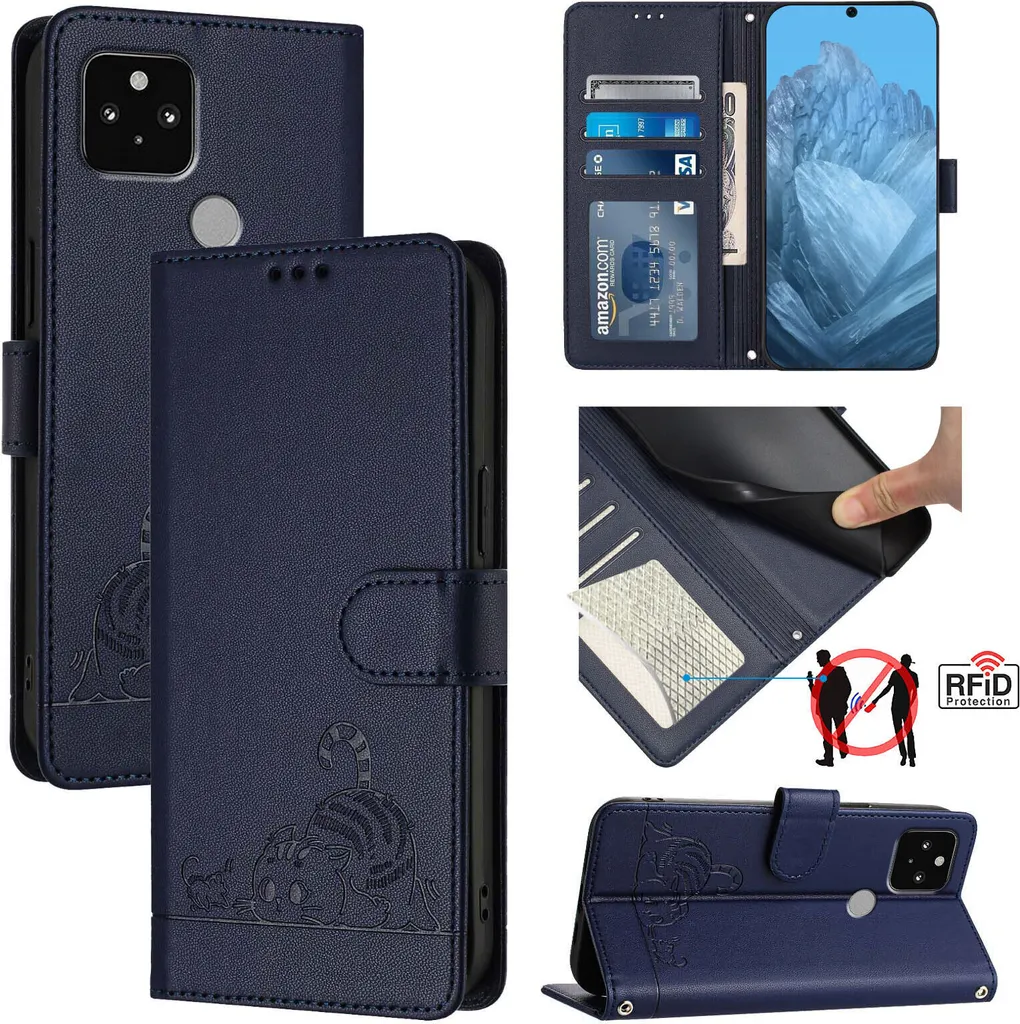 Cover Google Pixel 5 Gatto Dolce | Custodia Portafoglio Blu Pelle