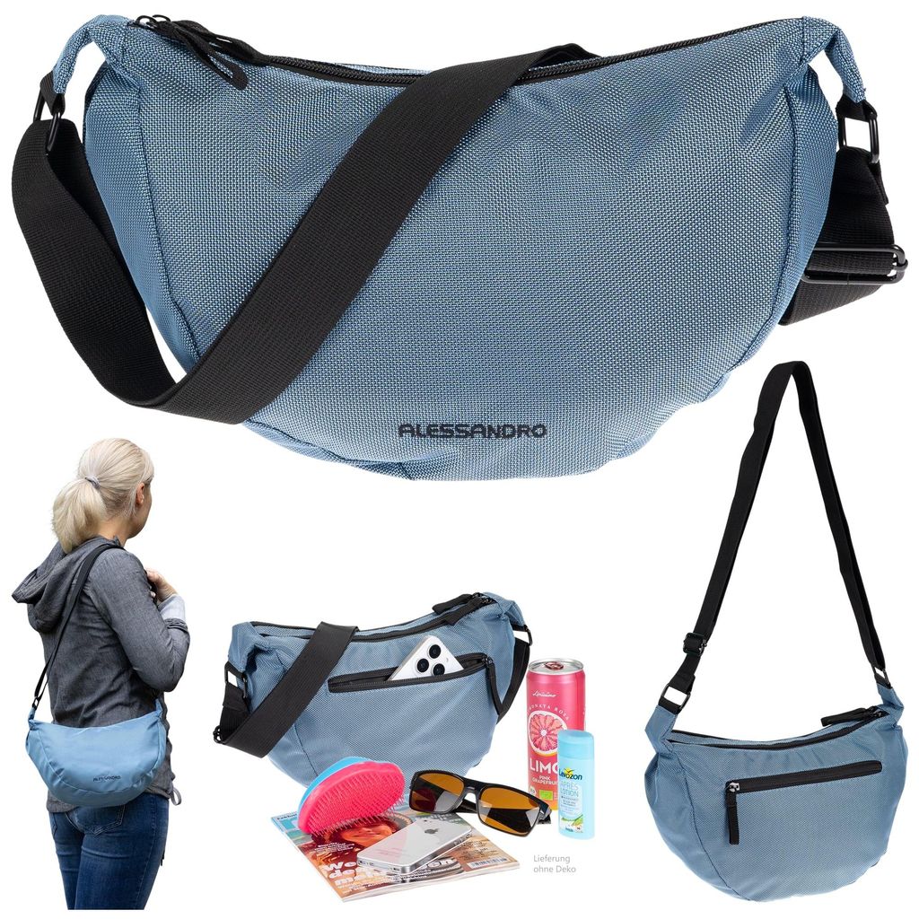 Handtasche Schultertasche Damen Freizeittasche Mond Form Tasche Bag Moon Schlinge Schultergurt Alessandro Mila Crossbody 4291 Blau + Etui