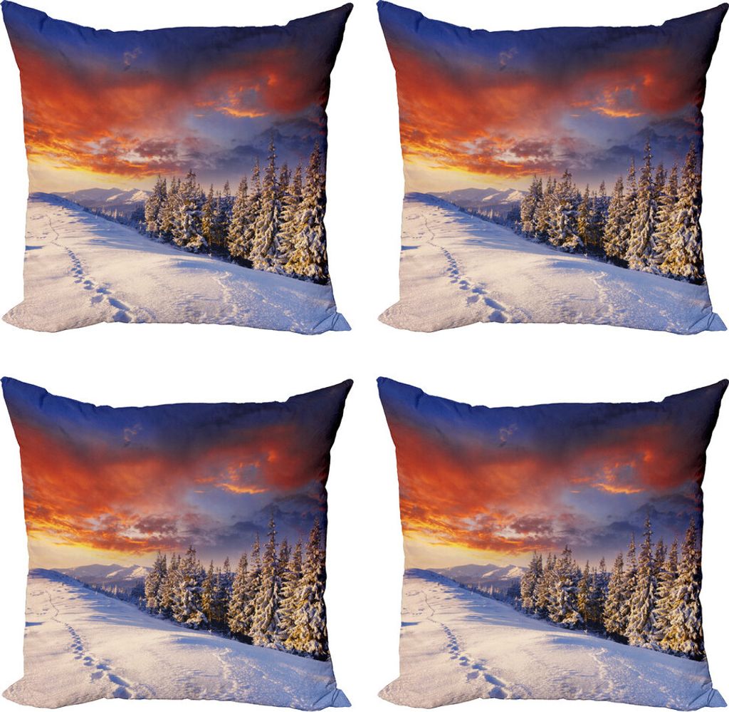 ABAKUHAUS Winter Kissenbezug Set (4 Stück), Berge Kiefer, Moderner Doppelseitiger Digitaldruck, 40 cm x 40 cm, Orange Weiss