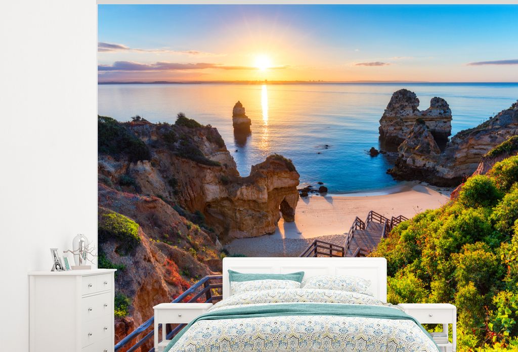 MuchoWow Fototapete für Wohnzimmer oder Schlafzimmer Wandtapete Vinyl Motivtapete Strand - Meer - Portugal - 275x220 cm - Gemustert