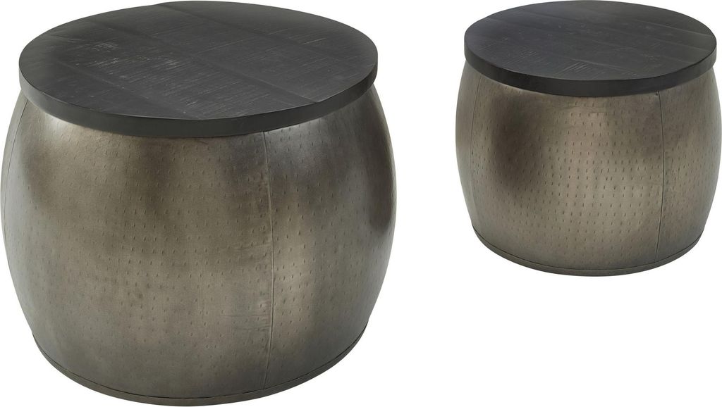 WOHNLING Couchtisch 2er Set Mango Massivholz Satztisch Rund Silber Wohnzimmertisch Aluminium abnehmbarer Deckel Beistelltisch Modern Metall / Holz