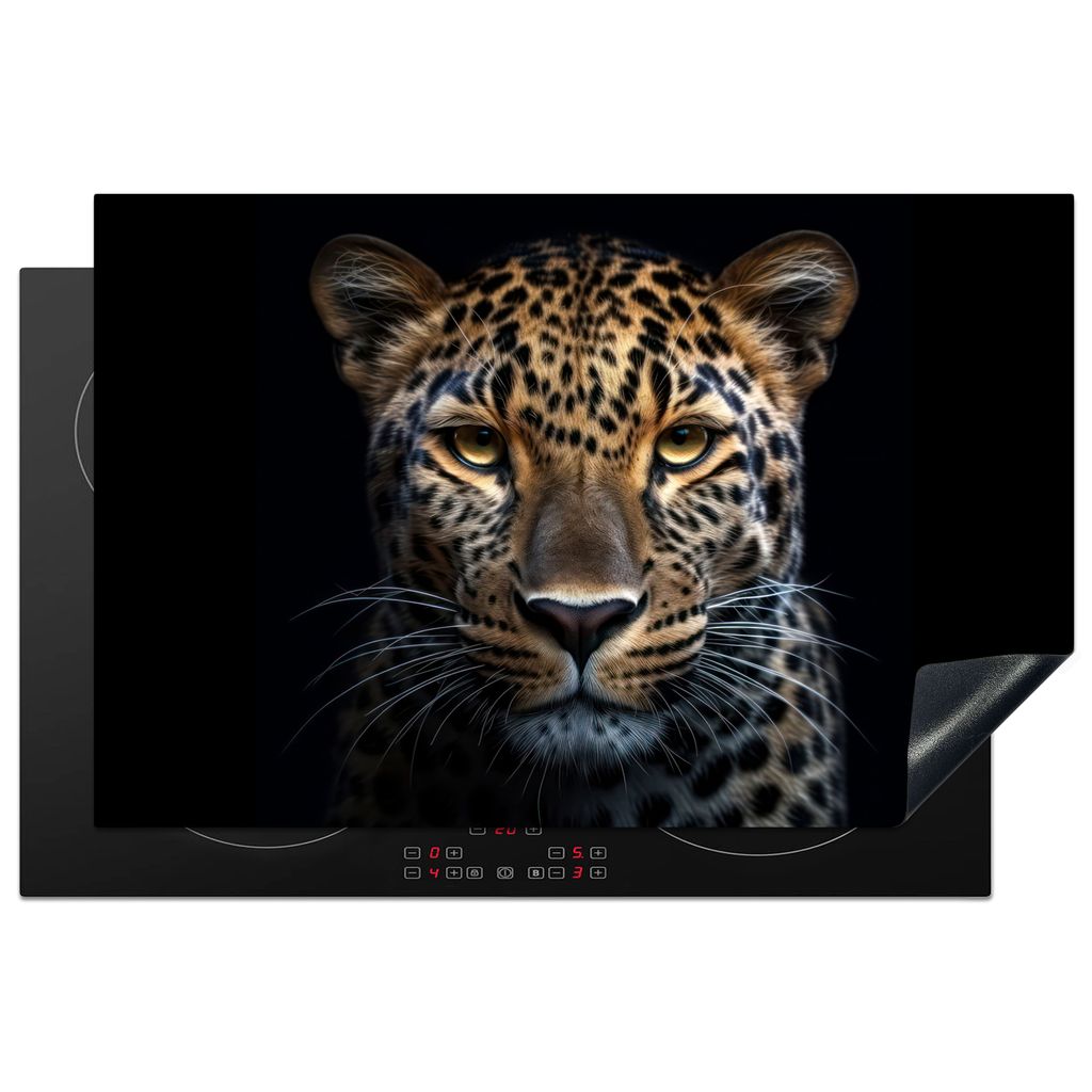 KitchenYeah Herdabdeckplatte Tiere - Leopard - Porträt - Schwarz , 80x52cm, Küche Deko, Glaskeramikkochfeld Herdabdeckung, Abdeckplatte fùr Ko...