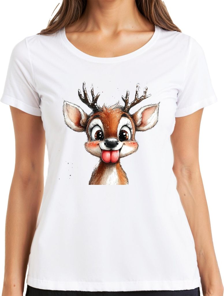 Rentier Frech Zunge raus Niedlich Weihnachten Kinder Retro Damen T-Shirt, Weiß, XXL