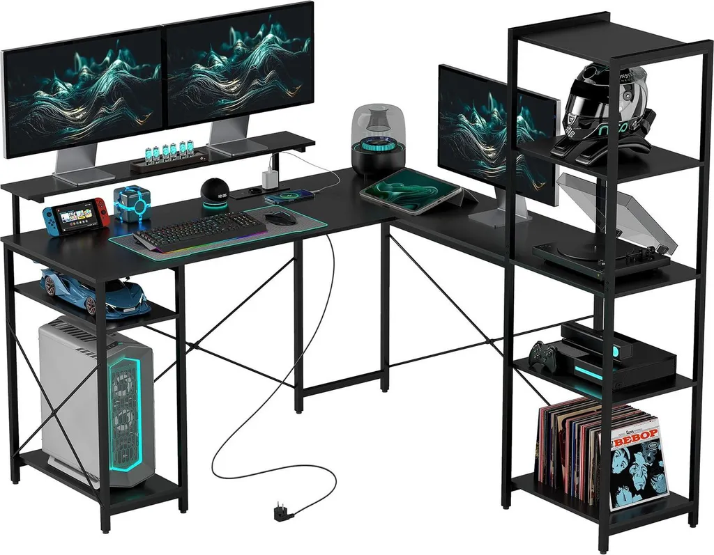 Bureau d'angle avec étagères et station de charge pour home office