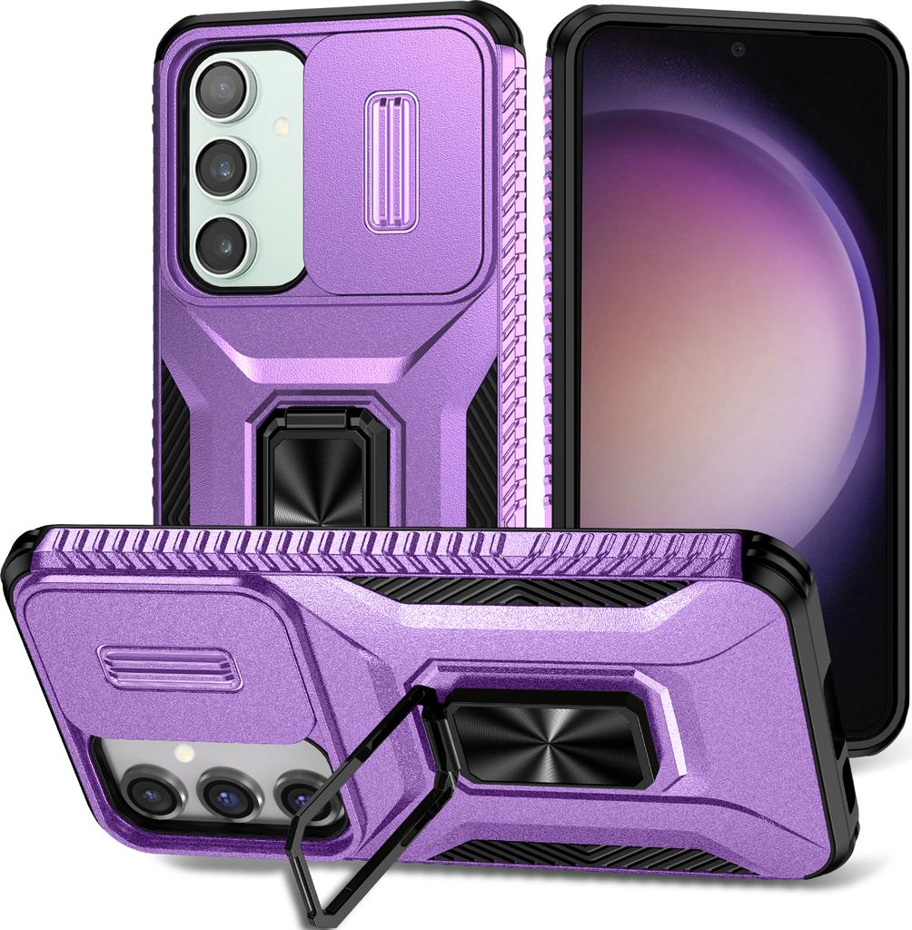 Handyhülle für Samsung Galaxy S23 FE Dual Layer Hülle mit Schiebe Kamera Schutz und Ringhalter Ständer Lila