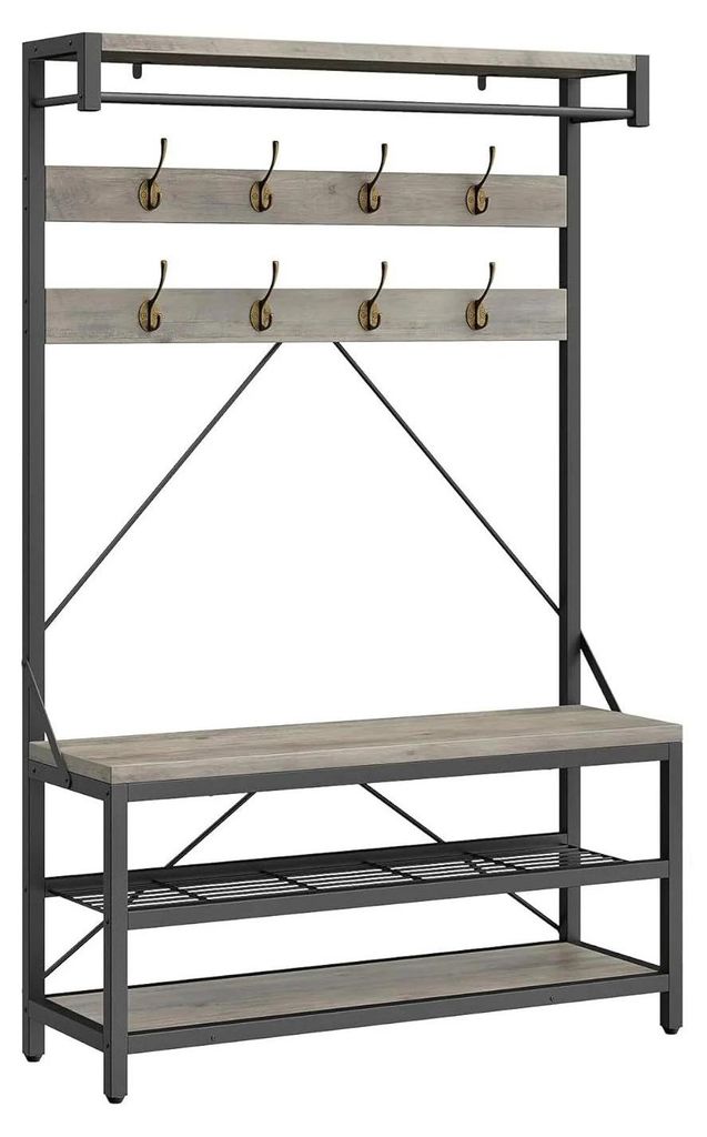 Industrieller Garderobenständer mit Schuhbank - Freistehender Kleiderständer - 8 Haken - Ablageböden - 101x40x182 cm - Grau