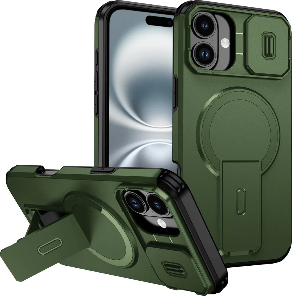 Custodia magnetica per iPhone 16 Plus, custodia resistente a due strati con protezione della fotocamera scorrevole e supporto regolabile Verde