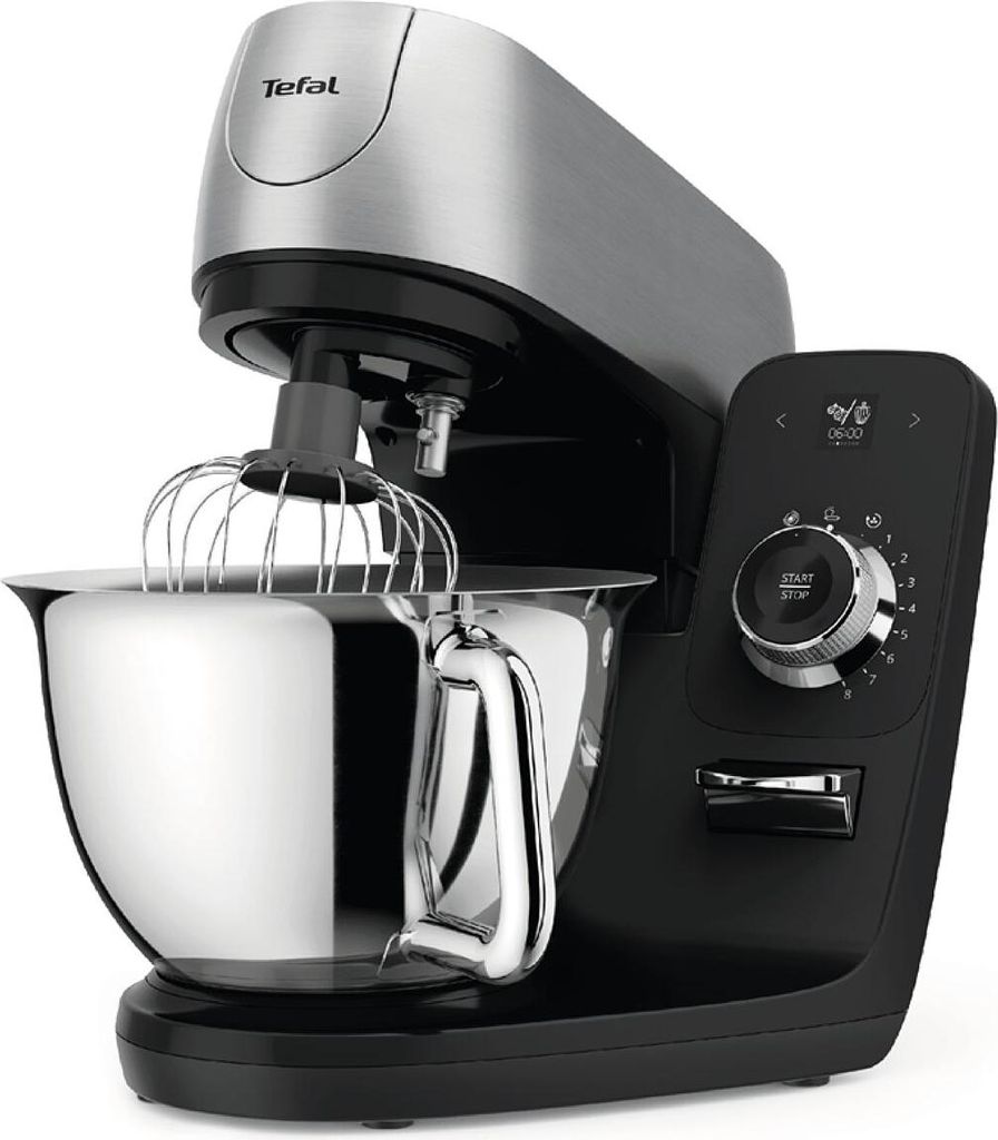 A black and silver Tefal kitchen mixer with a whisk attachment is shown against a white background.