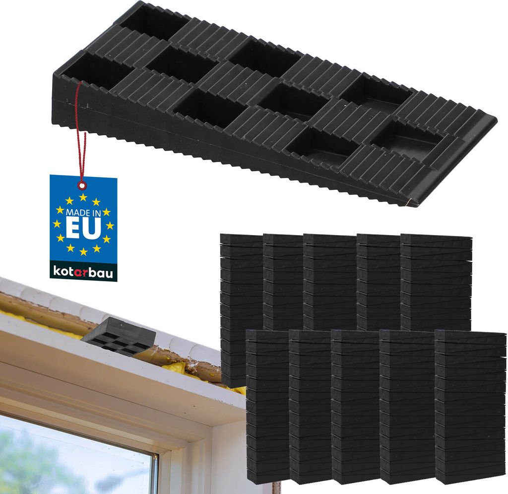 KOTARBAU 250er Set Montagekeile Kunststoff 94 x 44 x 14 mm für Fenster Türen Türzarge Fensterrahmen Schwarz