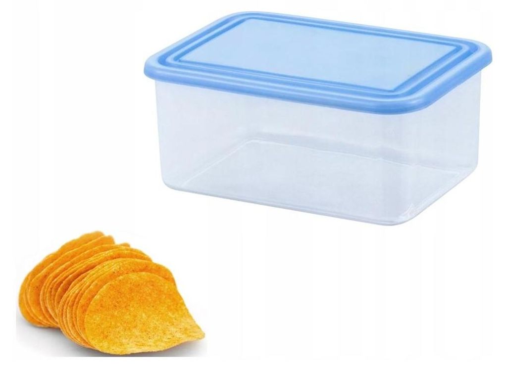 A clear plastic food storage container with a blue lid and a small pile of potato chips.