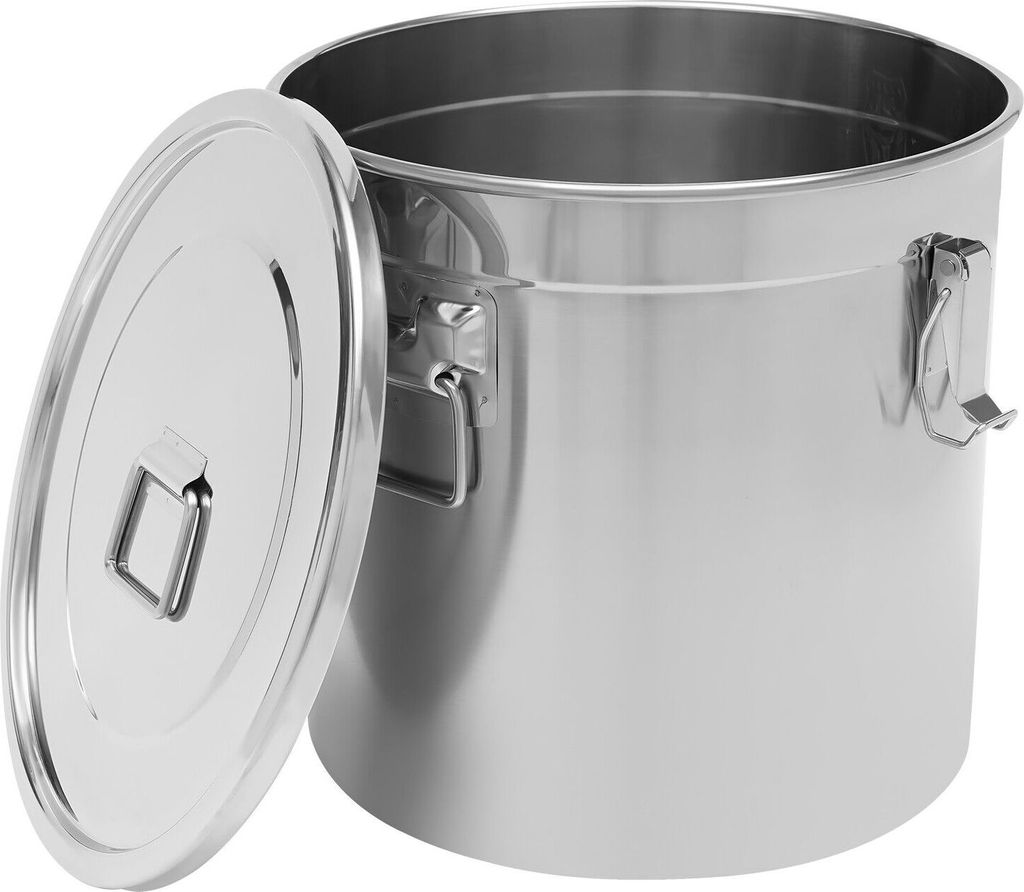 A stainless steel storage container with its lid open.