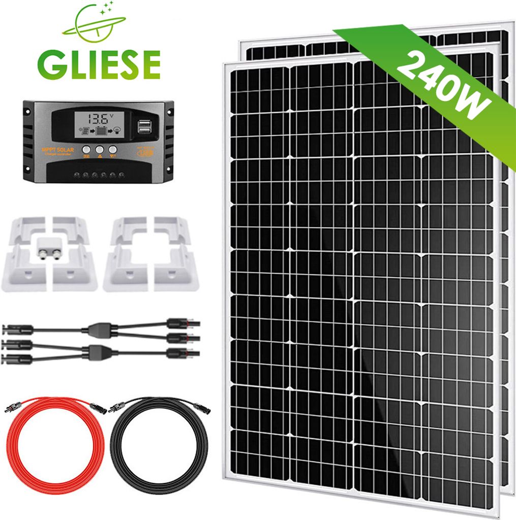 240W Wohnmobil Set 2X120W 12V Solaranlage Komplettpaket Solarmodul + Montage PV Halterung