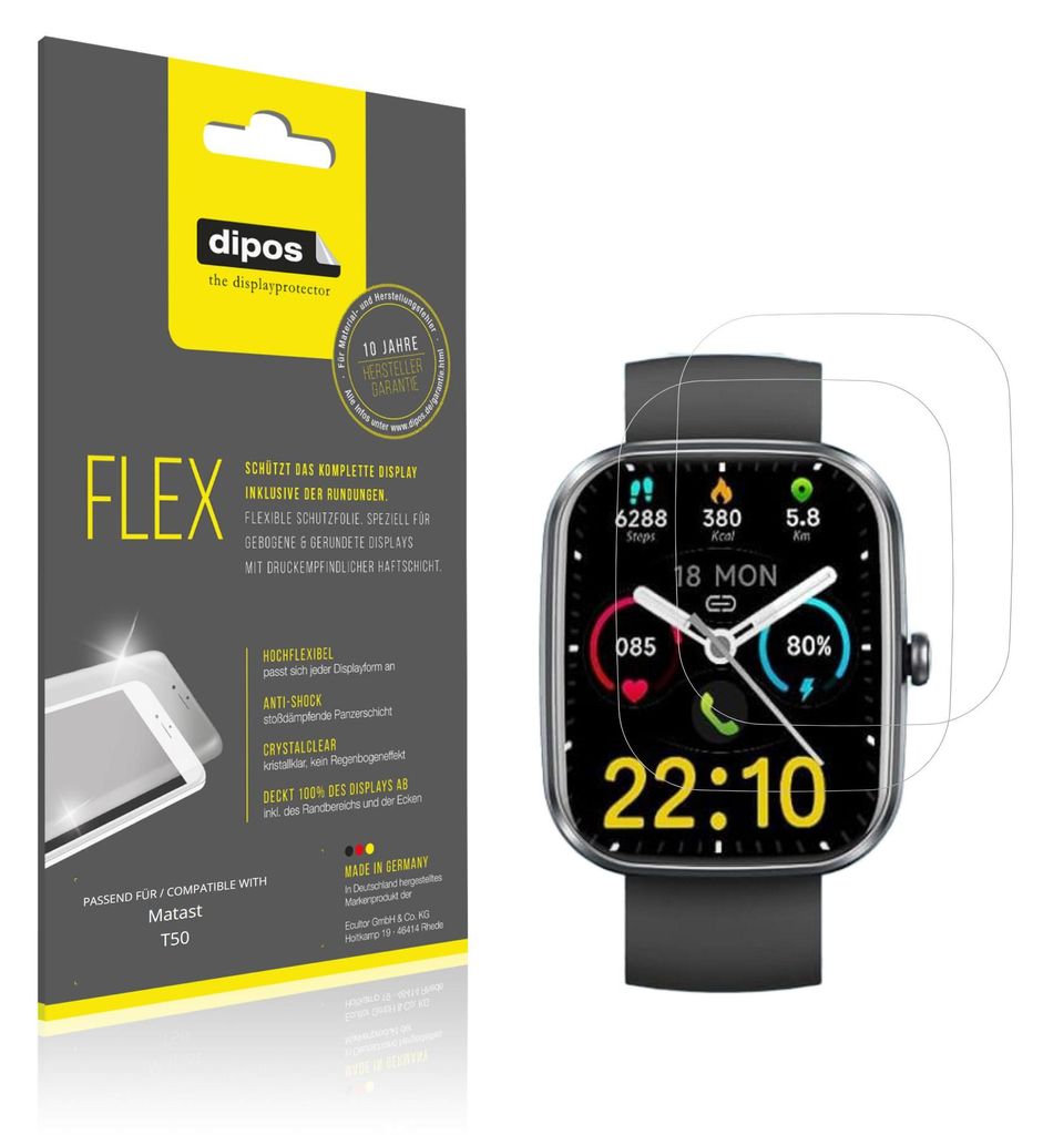 2x Schutzfolie für Matast T50 Folie, 100% Displayabdeckung, dipos Flex