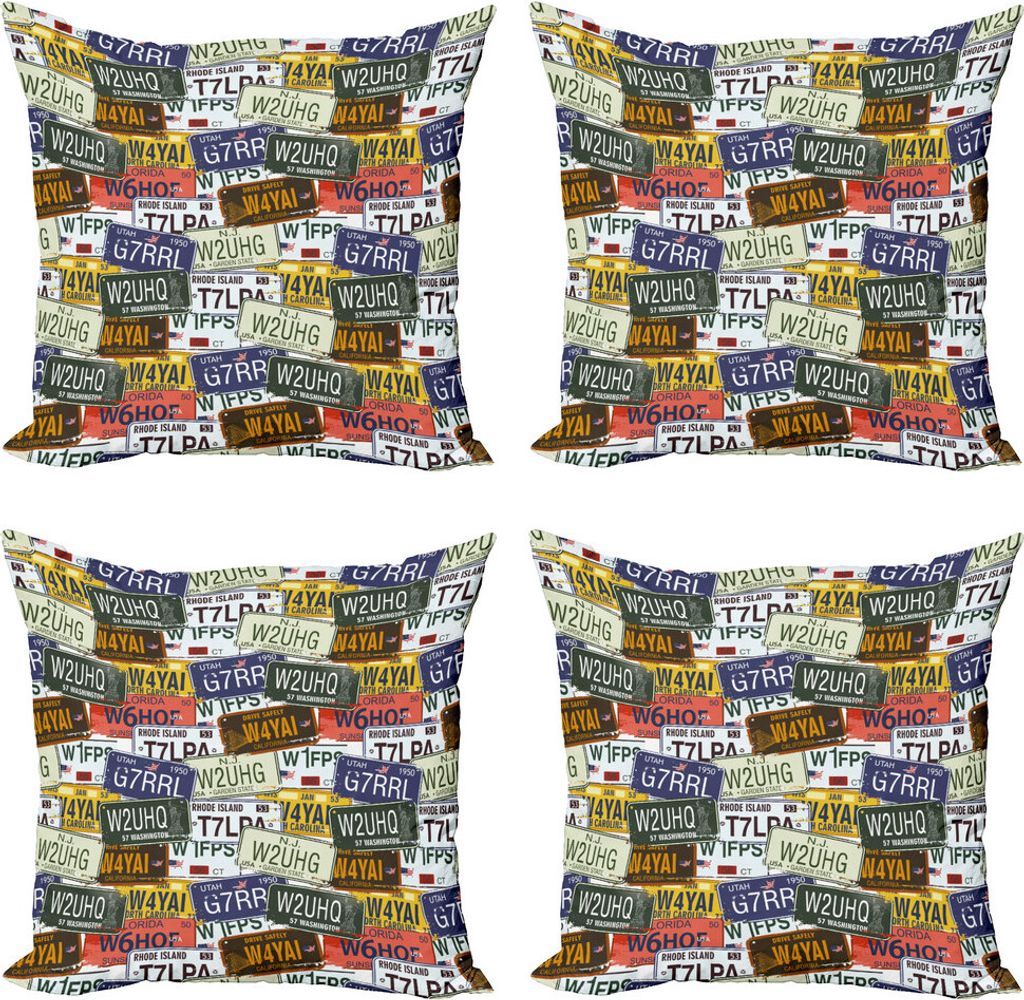 ABAKUHAUS USA Kissenbezug Set (4 Stück), Retro Auto Kfz-Kennzeichen, Moderner Doppelseitiger Digitaldruck, 60 cm x 60 cm, Mehrfarbig