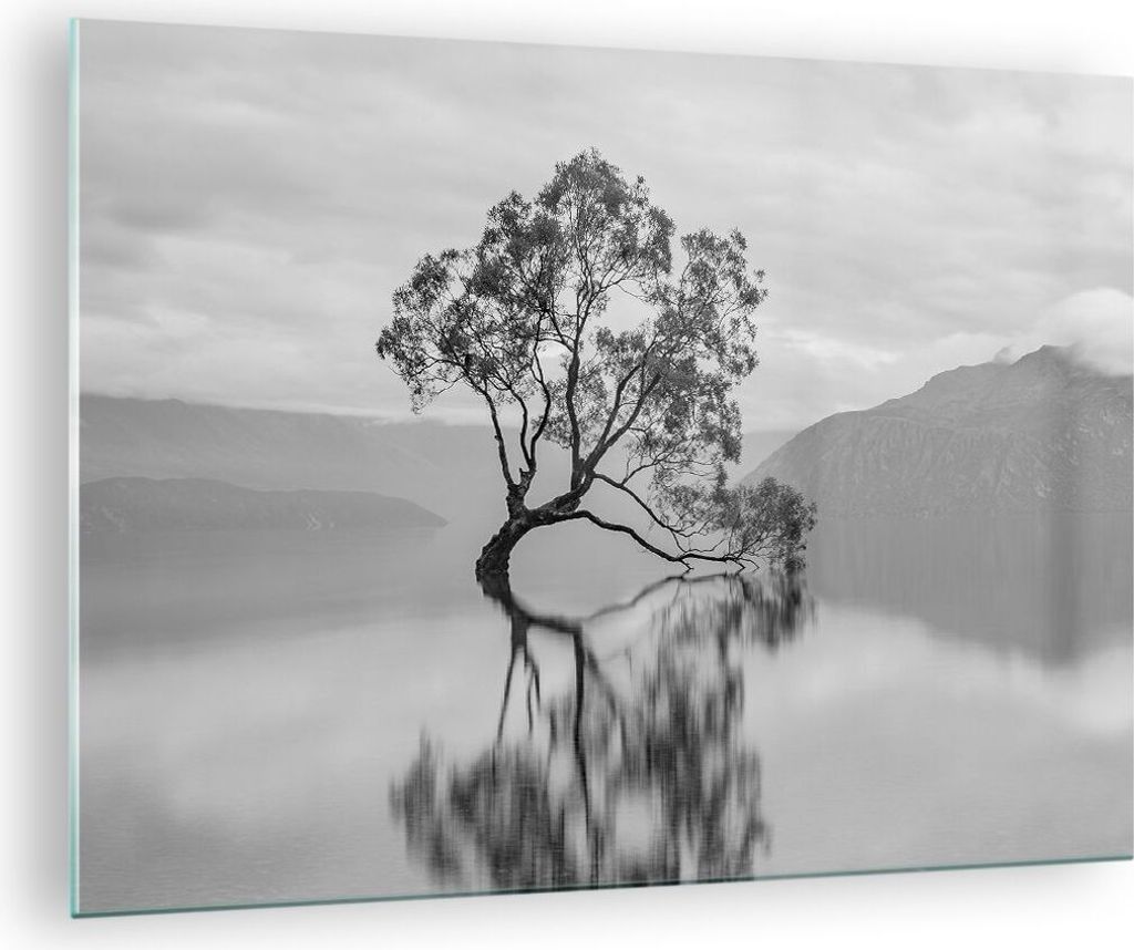 Bilder auf glas - Einteilig - Baum Symmetrie See - 70x50cm - Glasbilder - Wandbilder - Bilder - zum Aufhängen bereit - Wanddekoration aus Glas - G...