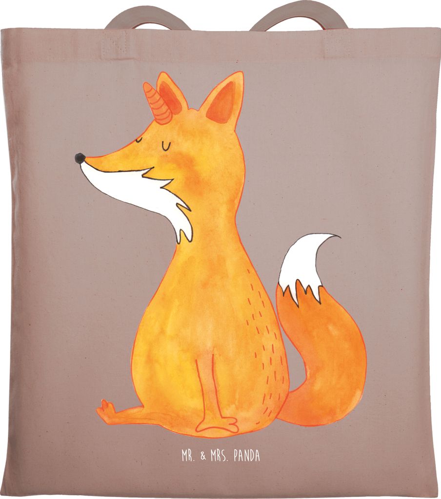 Mr. & Mrs. Panda Beutel Einhorn Fuchs - Braun Pastell - Geschenk, Füchse, canvas tasche, Stoffbeutel, Jutebeutel, Tote Bag, Fuchshörnchen, Einhö...