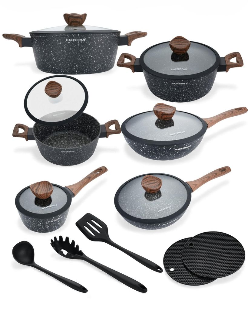 Masterpan 15-teiliges Topfset | schwarze Töpfe | mit Deckel | Kochtopf | Deckel | Pfanne | Topf- und Pfannenset | Induktion | Induktionstöpfe | 7001