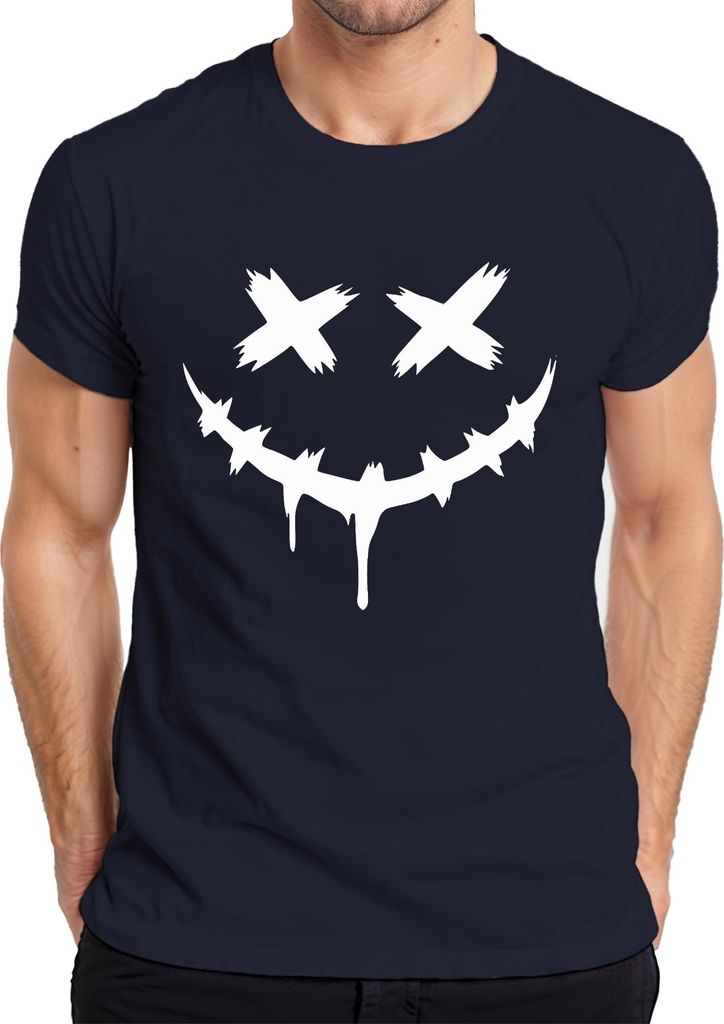 Halloween Gruselig Grinsend Gesicht X Augen Tropfend Stachelig Herren T-Shirt, Navy, 3XL
