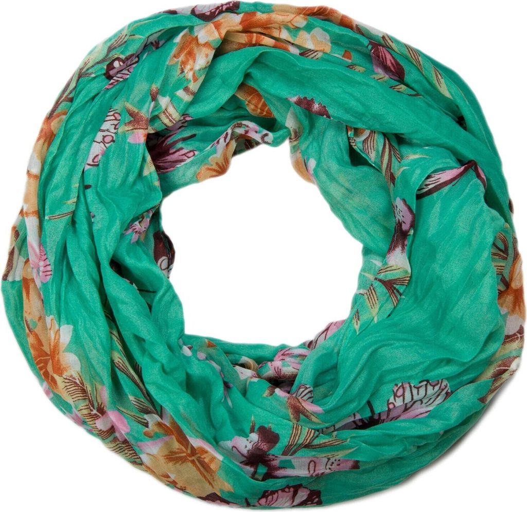 styleBREAKER Damen Loop Schlauchschal mit buntem Schmetterling und Blumen Print , Crash and Crinkle Schal, Tuch 01016013