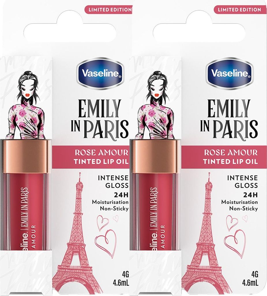 Vaseline x Emily in Paris Lip Oil Rose Amour, getönter Lipgloss für vollere Lippen, (Rose Amour - 2 x 4g)