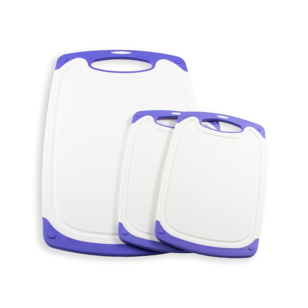 Three white cutting boards with purple trim are arranged in front of a white background.