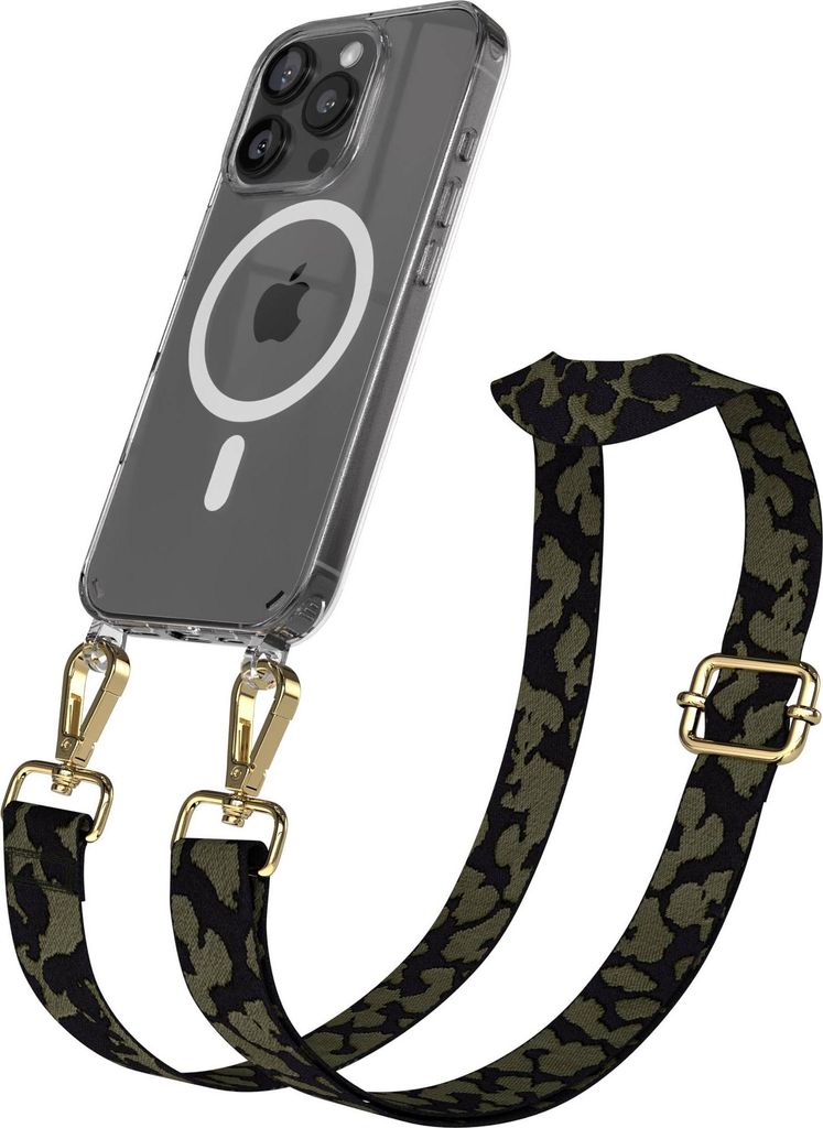 EAZY CASE - Handykette mit MagSafe Hülle für Apple iPhone 16 Pro, Handyband Camouflage Style, Karabiner Gold, Umhängeband in Grün