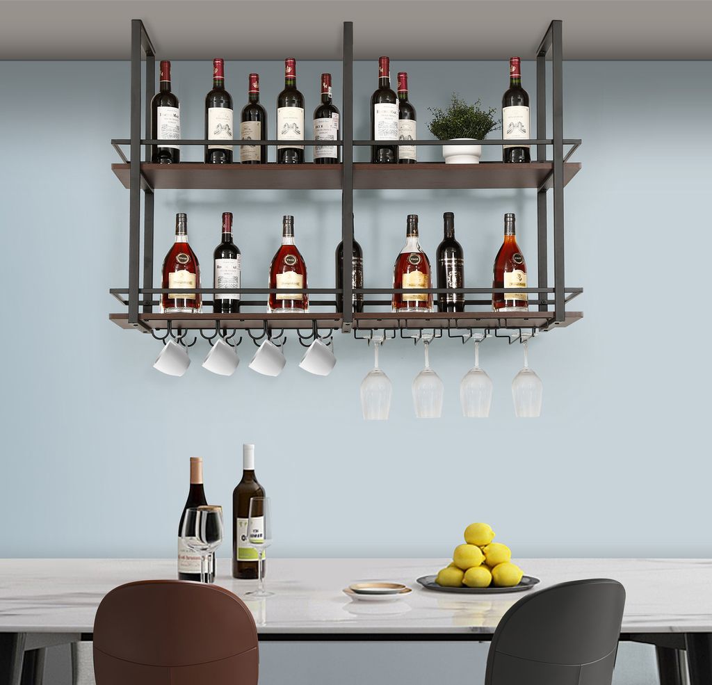 Weinregal 'Hubro' 120 x 30 x 85 cm Deckenregal mit Glashalterung Schwarz/Walnussoptik