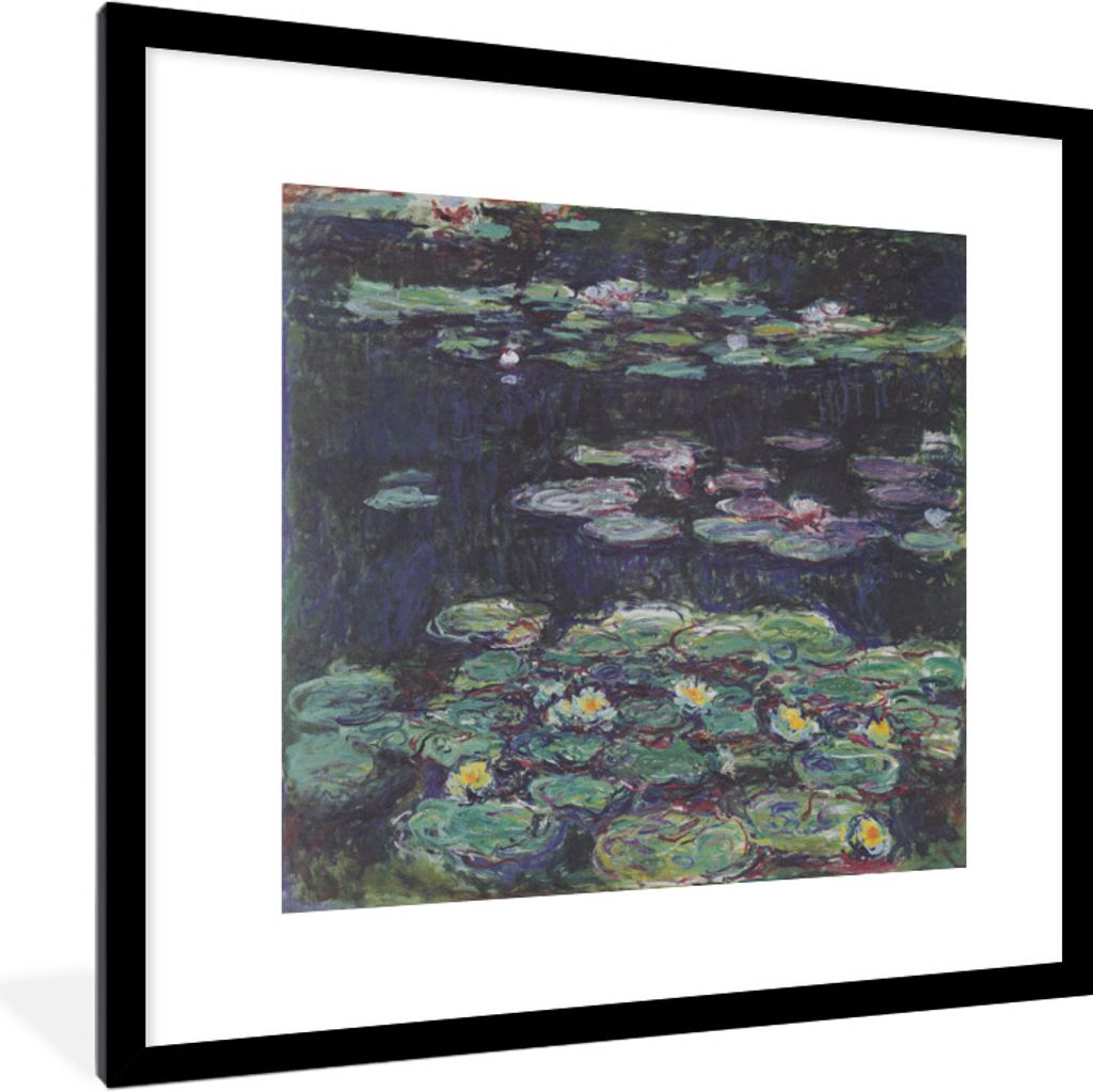 MuchoWow Gerahmtes Poster Weiße und gelbe Seerosen - Gemälde von Claude Monet 40x40 cm - Poster mit Schwarzem Bilderrahmen Wandposter Rahmen Fo...