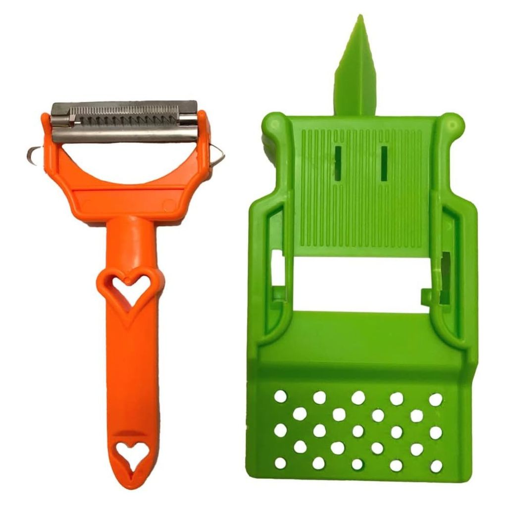 A peeler and a vegetable slicer are shown against a white background.