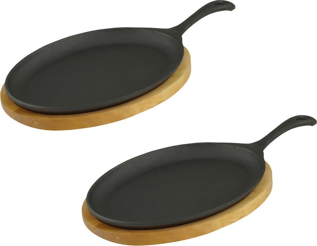 4x Servierpfanne mit Holzuntersetzer oval 24 x17 x 2cm Gusseisen