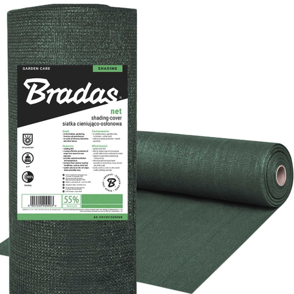 A roll of dark green shading net is shown, with a label on the left side detailing product information.