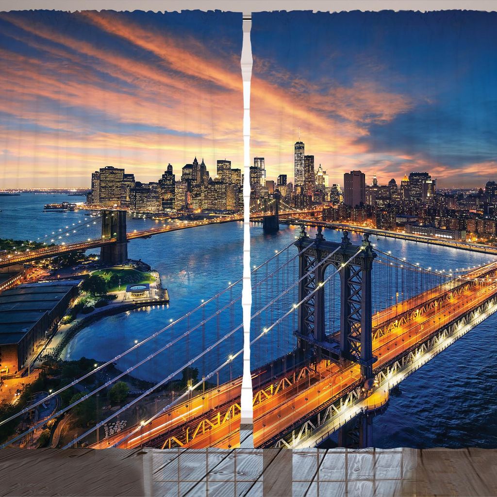 ARANDE Landschaft Gardine, American City Sonnenuntergang Über Manhattan Und Brooklyn Bridge Bild Druck, 280 x 245 cm, Mehrfarbig