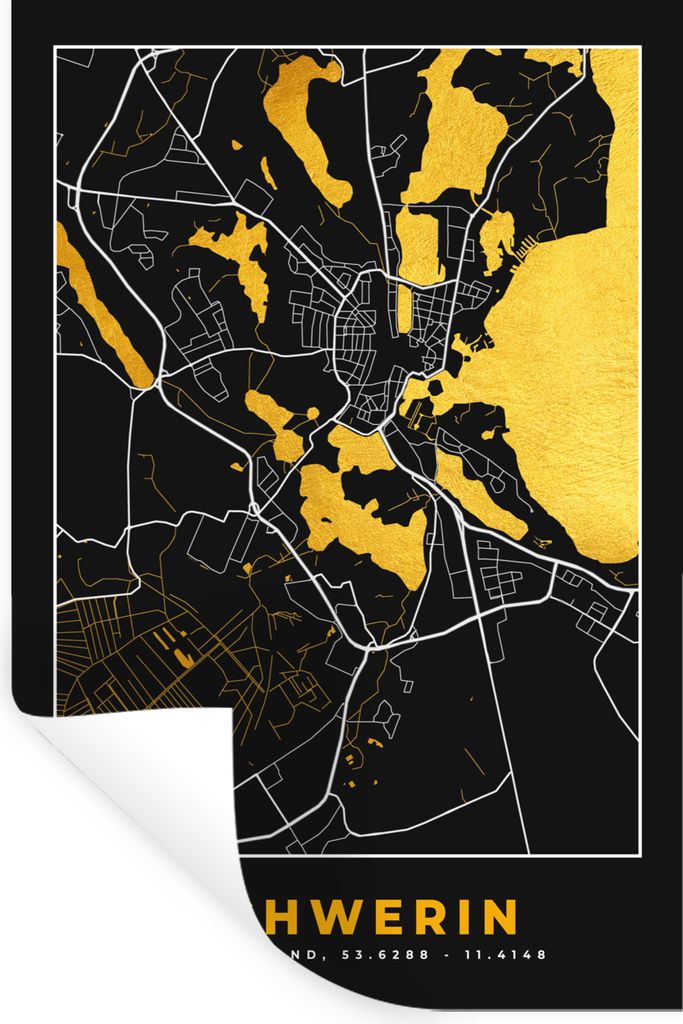 MuchoWow Wandtattoo Wandsticker Wandaufkleber Schwerin - Stadtplan - Karte - Deutschland - Gold 60x90 cm Selbstklebend und Repositionierbar - Sti...