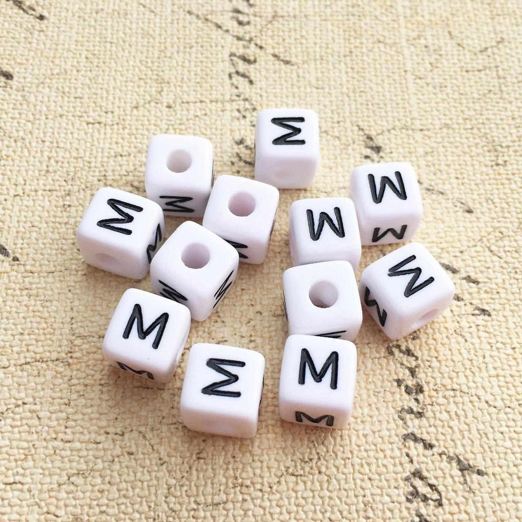 Perles pour lettres, 30 pièces, 6x6 mm, blanc avec noir, Image du produit 