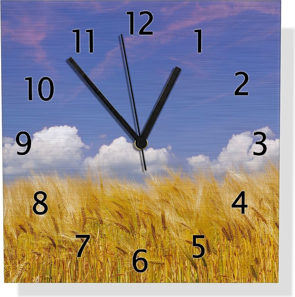 Wallario Design Wanduhr Kornfeld unter blauem Himmel aus Aluverbund, Größe 30 x 30 cm